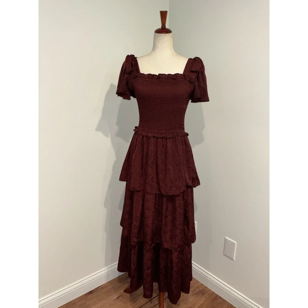 Ivy City Co Alana Tiered Smocked Burgundy Wine Size Medium Cottagecore Maxi - Picture 2 of 10